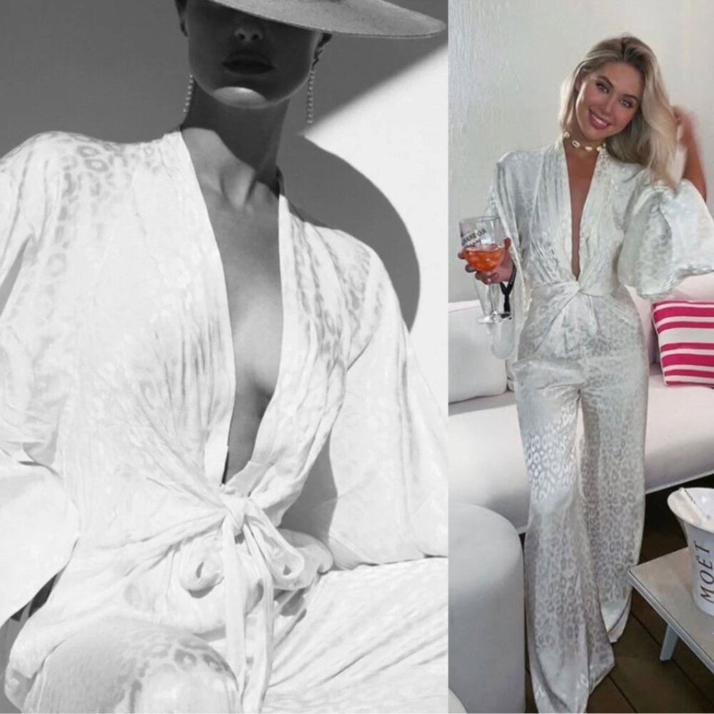 Rat & Boa Bianco Kimono Jumpsuit Satin White Animal Print Wide Leg Size XS - Picture 10 of 12